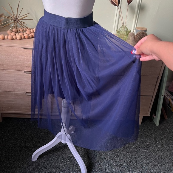 Navy Blue Modest Layered Pleated Highwaist Mesh Tutu Midi Knee-Length Skirt XS-S - Picture 10 of 16